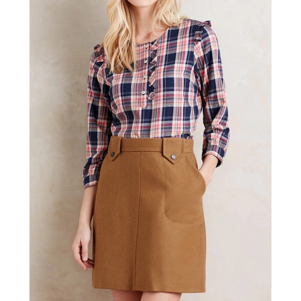 Isabella Sinclair Plaid Henley Blouse Womens Large Navy Pink Ruffle High-Low Hem